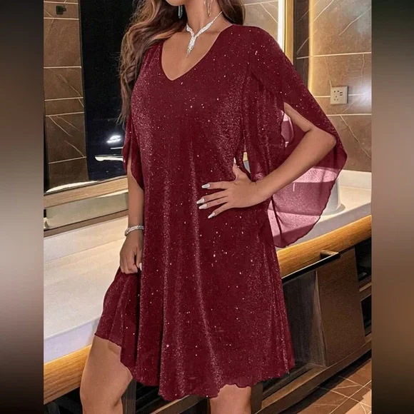 Luxe V neck party formal glitter dress red